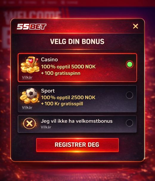 Bonuser for registrering hos 55Bet Casino